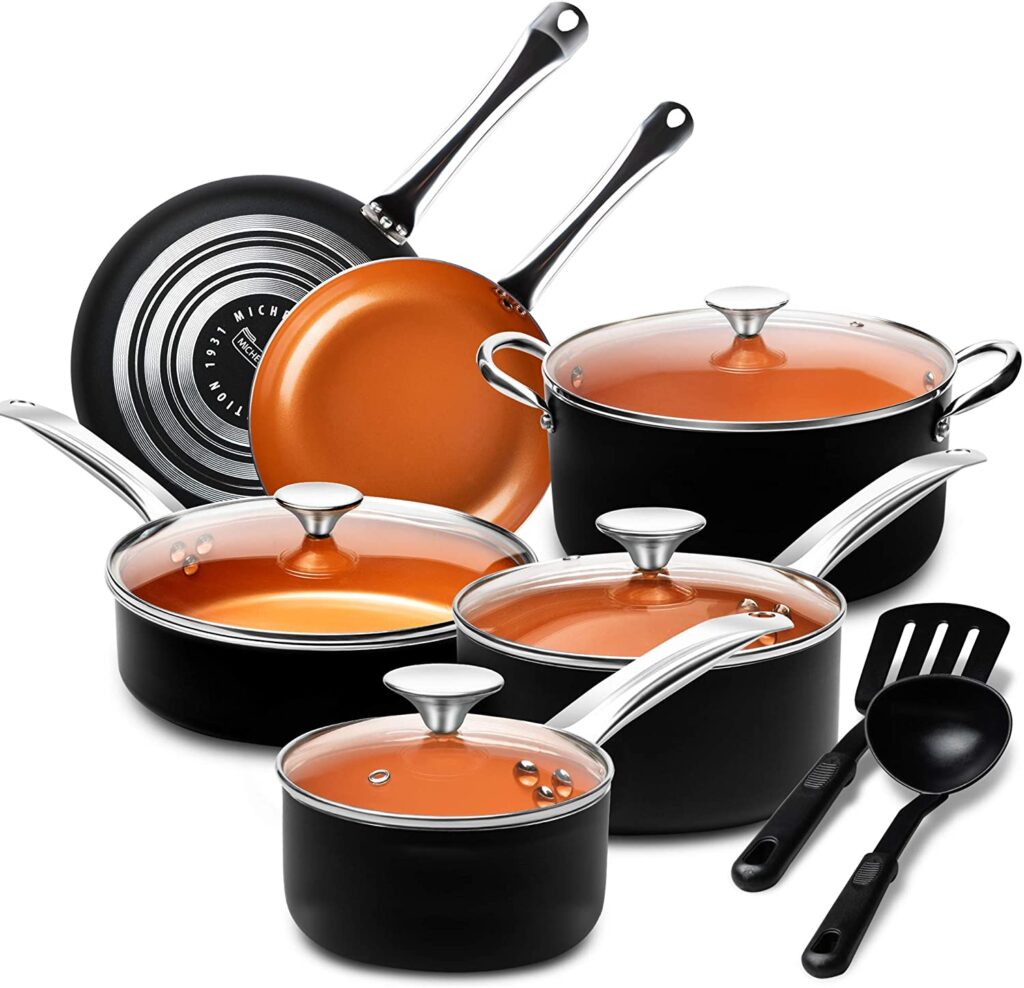 7. MICHELANGELO Pots and Pans Set 12 Pieces, Nonstick Copper Cookware Set