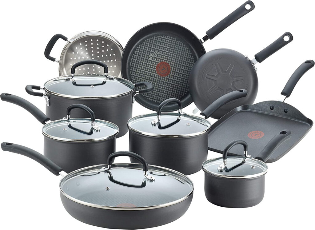 2. T-fal E765SEFA Ultimate Hard Anodized Nonstick 14 Piece Cookware Set